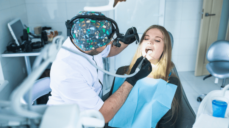 Dentista revisando a una paciente durante una consulta