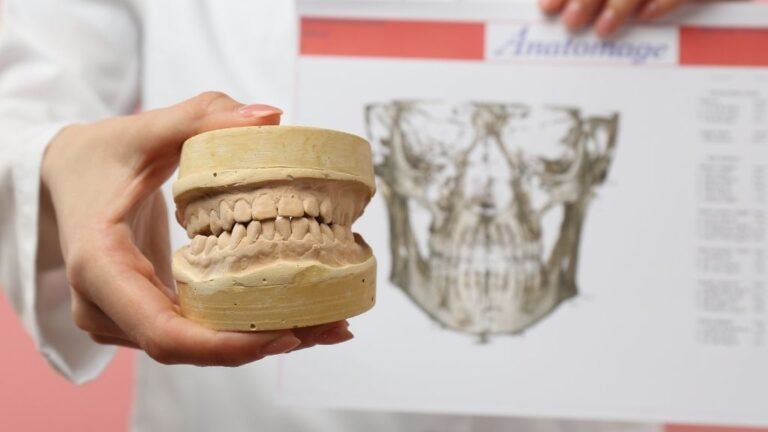 Mano sosteniendo una maqueta dental durante la planificación de una sonrisa en una clínica dental