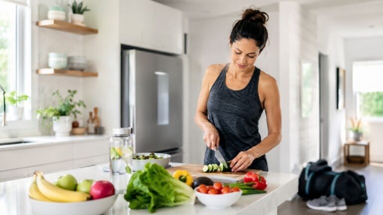 Mujer preparando una comida saludable después de las vacaciones